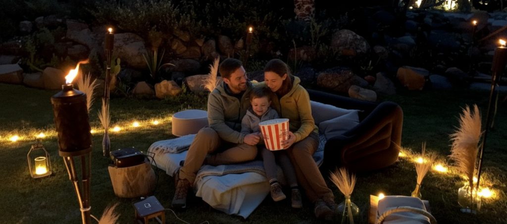 Configuración de cine al aire libre con cojines y niños en pijama frente a una pantalla.